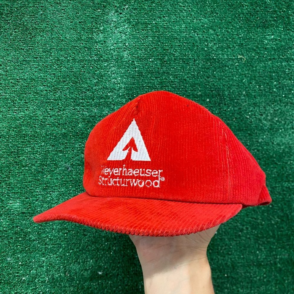 Construction Red Corduroy Vintage 90s Trucker Cap Hat